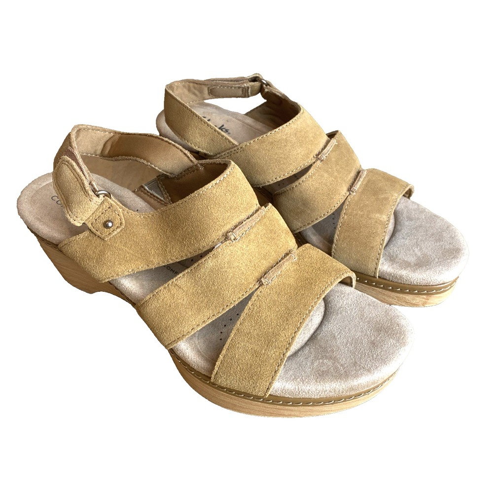 Clarks Seannah‎ Glow Tan Suede Wedge Sandal Womens 9 Brown Slingback Wooden Heel